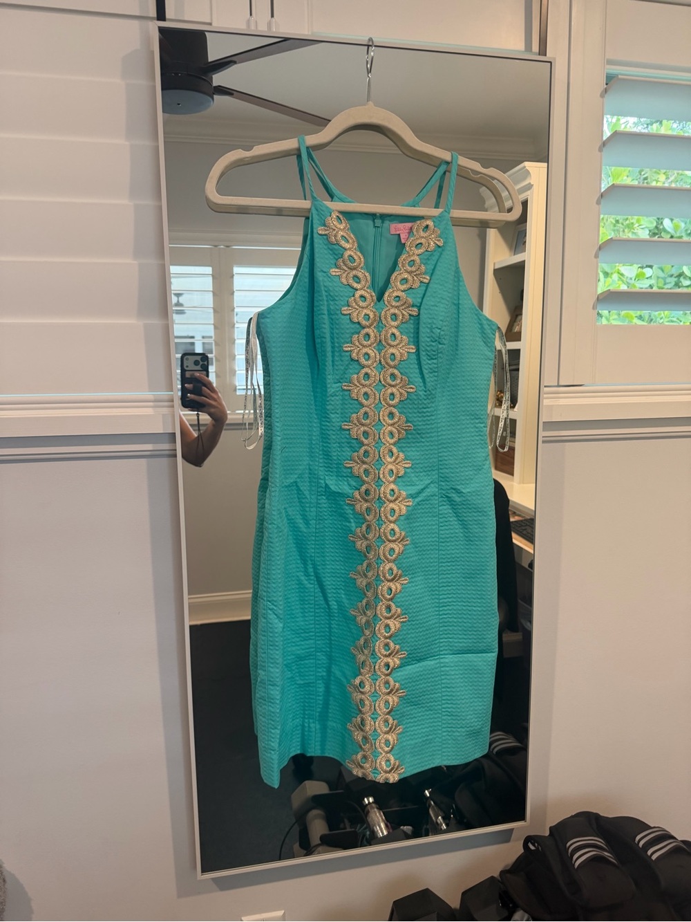 Lilly Pulitzer Aqua Halter shift Dress with Gold Floral Trim